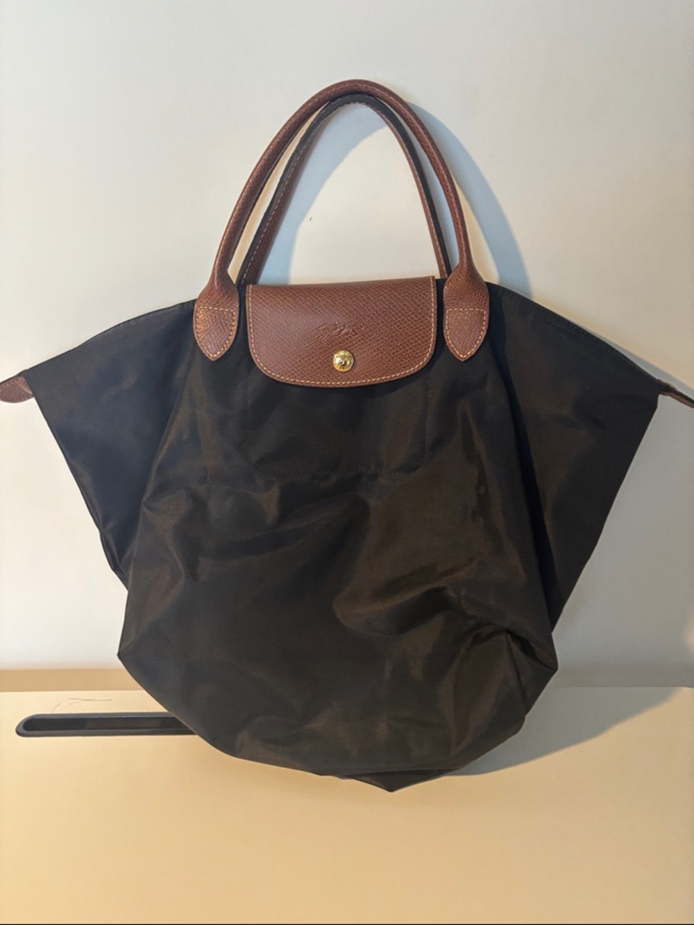 Longchamp Black Nylon Tote with Brown Leather Trim